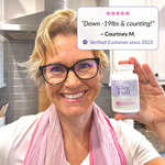 Woman holding a Glee Full supplement container with a customer testimonial overlay.