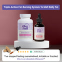 One bottle each of GleeFull Over 30 Hormone Support (white capsule bottle) and Meno Morning Fat Burner (amber dropper bottle) on a white podium against a burgundy background. Purple banner reads: 'Triple-Action Fat-Burning System To Melt Belly Fat'. Two tan capsules with a dropper and a verified buyer quote: "I've stopped feeling overwhelmed, irritable or frazzled, this is an absolute lifesaver!"