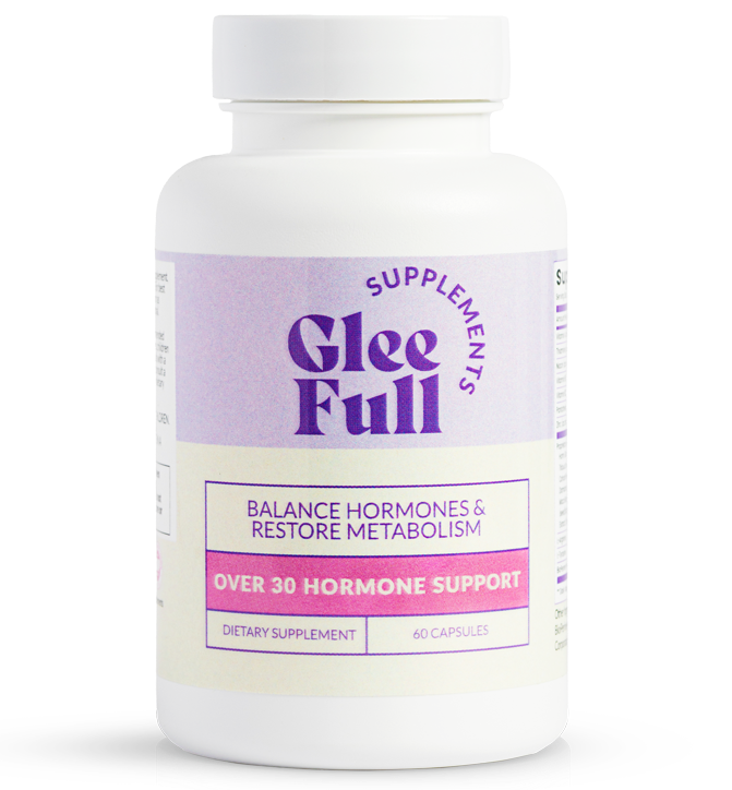 Supplement bottle labeled 'GleeFull' Over 30 Hormone Support