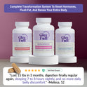 GleeFull Meno Full Body Reset. One bottle each of GleeFull Meno-Shred Fat Burner, Over 30 Hormone Support, and Meno Belly Flusher (all white) on white podiums against a burgundy background. Purple banner reads: 'Complete Transformation System To Reset Hormones, Flush Fat, And Renew Your Entire Body'. Two tan capsules and a verified buyer quote from Melissa, 52: "Lost 15 lbs in 3 months, digestion finally regular again, sleeping 7 to 8 hours nightly, and no more daily belly discomfort."