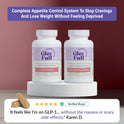 One bottle each of GleeFull Carb Blocker and GLP-1 Crave Control (both white) on a white podium against a dark red background. Purple banner reads: 'Complete Appetite Control System To Stop Cravings And Lose Weight Without Feeling Deprived'. Two tan capsules and a verified buyer quote from Karen D.: "It feels like I'm on GLP-1… without the nausea or scary side effects."