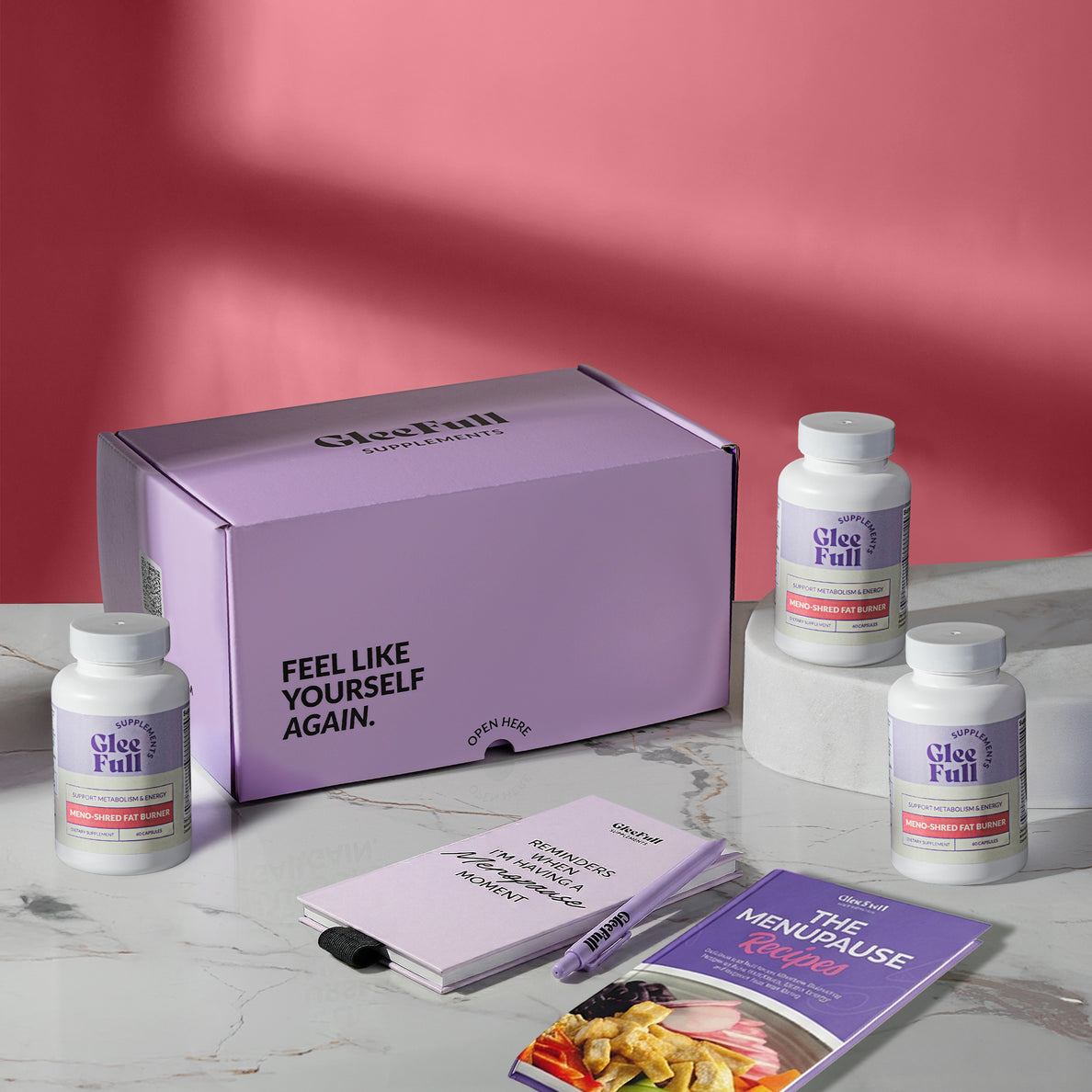 A hand holding a golden supplement capsule against a light gray background. Pink and purple headline text reads 'Melt Hormonal Fat & Burn Off Carbs 217% Faster.' A purple circular badge reads 'How to Use: Take 2 capsules in the morning or night to support fat burning.'

