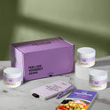 A product bundle display for GleeFull Supplements on a marble surface against a green background. The layout includes a large purple shipping box featuring the slogan 'FEEL LIKE YOURSELF AGAIN.', three white bottles of Meno Creatine, a purple branded pen, a matching notepad that reads 'REMINDERS WHEN I'M HAVING A MENOPAUSE MOMENT', and a recipe booklet titled 'THE MENOPAUSE Recipes'