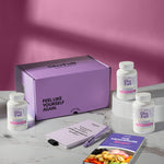 A product bundle display for GleeFull Supplements on a marble surface against a pink background. The layout includes a large purple shipping box featuring the slogan 'FEEL LIKE YOURSELF AGAIN.', three white bottles of Over 30 Hormone Support, a purple branded pen, a matching notepad that reads 'REMINDERS WHEN I'M HAVING A MENOPAUSE MOMENT', and a recipe booklet titled 'THE MENOPAUSE Recipes'