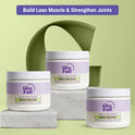 Three white GleeFull Meno Creatine powder jars on marble blocks against a light green background. Purple banner reads: 'Build Lean Muscle & Strengthen Joints'. Labels read 'Muscle & Joint Support, Meno Creatine, Net Wt. 5.29 oz (150 g)'.