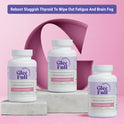 Three white GleeFull Thyroid Balance bottles on marble blocks against a pink background. Purple banner reads: 'Reboot Sluggish Thyroid To Wipe Out Fatigue And Brain Fog'. Labels read 'Supports Thyroid Function, Thyroid Balance, 60 Capsules'.