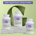 Three white GleeFull V-Rejuvenation bottles on marble blocks against a green background. Purple banner reads: 'Soothe Vaginal Dryness, Itching & Irritation'. Labels read 'Promotes Lasting Vaginal Moisture, V-Rejuvenation, 60 Capsules'.