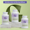 Three white GleeFull Meno Joint Relief bottles on marble blocks against a green background. Purple banner reads: 'End Achy Joints And Morning Stiffness'. Labels read 'Supports Flexibility & Mobility, Meno Joint Relief, 60 Capsules'.