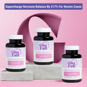 Product display for GleeFull Over 30 Hormone Support Plus dietary supplement. A purple banner across the top reads: 'Supercharge Hormone Balance By 217% For Severe Cases'. Three dark amber bottles with white caps and purple and pink labels are arranged on grey marble blocks against a pink background with a large letter G graphic. Each label reads 'GleeFull Supplements, Promotes Hormonal Balance, Over 30 Hormone Support Plus, Dietary Supplement, 60 Capsules'.