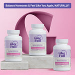 Product display for GleeFull Over 30 Hormone Support dietary supplements. A top banner reads: Balance Hormones & Feel Like You Again, NATURALLY! Three white bottles are shown arranged on marble steps against a pink background with a large letter G graphic.