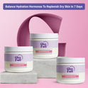 Three white GleeFull Hormonelyte powder jars on marble blocks against a pink background. Purple banner reads: 'Balance Hydration Hormones To Replenish Dry Skin In 7 Days'. Labels read 'Enhances Nutrient Absorption, Hormonelyte, Net Wt. 5.71 oz (162 g)'.