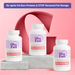 Product display for GleeFull Meno-Shred Fat Burner dietary supplement. A purple banner across the top reads: 'Re-ignite Fat Burn Proteins & STOP Hormonal Fat Storage'. Three white bottles with purple and cream labels are arranged on grey marble blocks against a pink background with a large coral letter G graphic. Each label reads 'GleeFull Supplements, Support Metabolism & Energy, Meno-Shred Fat Burner, Dietary Supplement, 60 Capsules'.