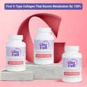 Three white GleeFull Meno-Burn Collagen bottles on marble blocks against a pink background. Purple banner reads: 'First 5-Type Collagen That Boosts Metabolism By 128%'. Labels read 'Supports Stubborn Fat Burn, 60 Capsules'.