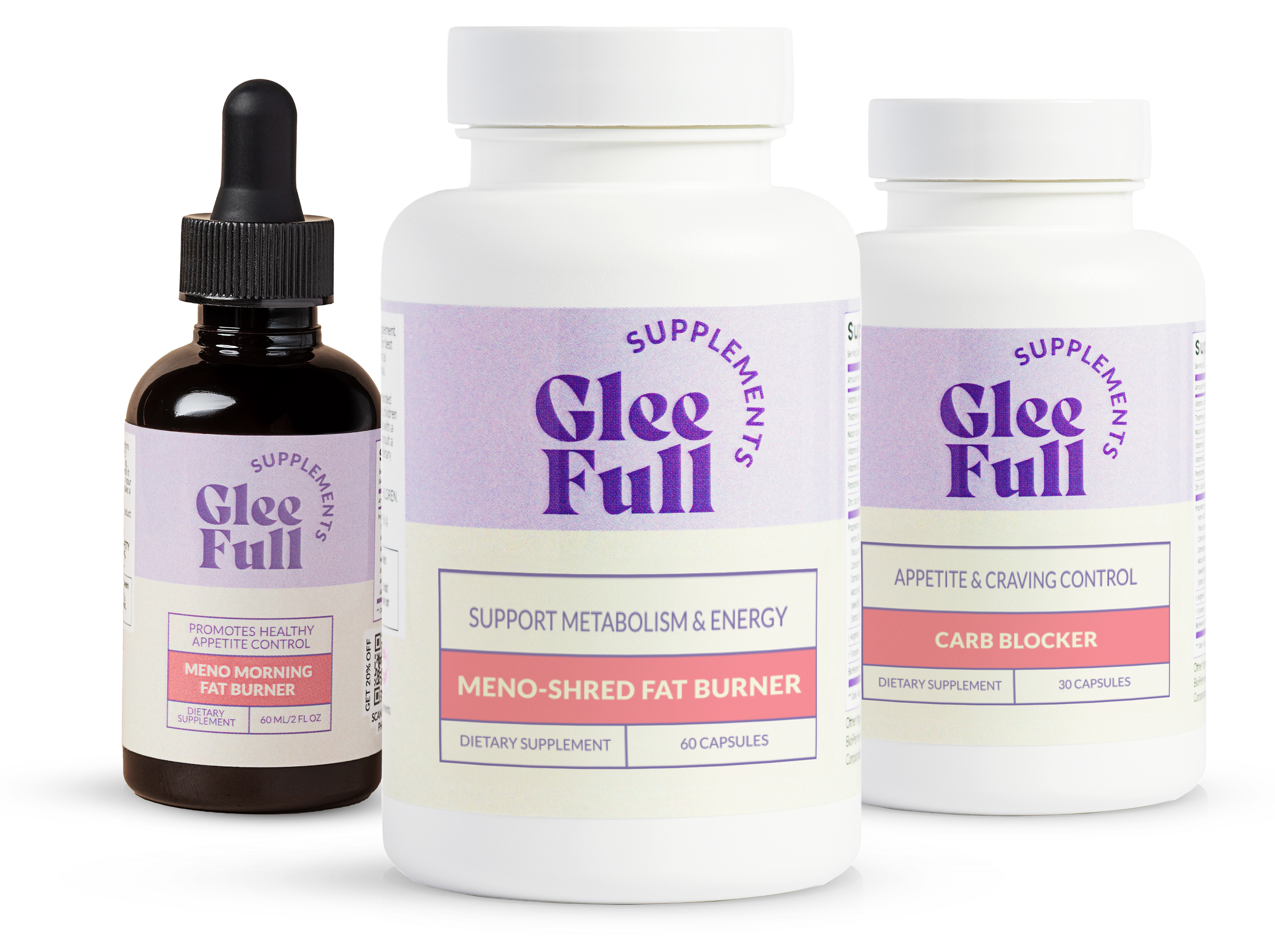 GleeFull Ultra Fat Burner Bundle. One bottle each of GleeFull Meno Morning Fat Burner (amber dropper), Meno-Shred Fat Burner (white), and Carb Blocker (white) on white podiums against a burgundy background. Purple banner reads: 'Maximum-Strength Fat-Burning Stack For Rapid Weight Loss And Metabolism Transformation'.