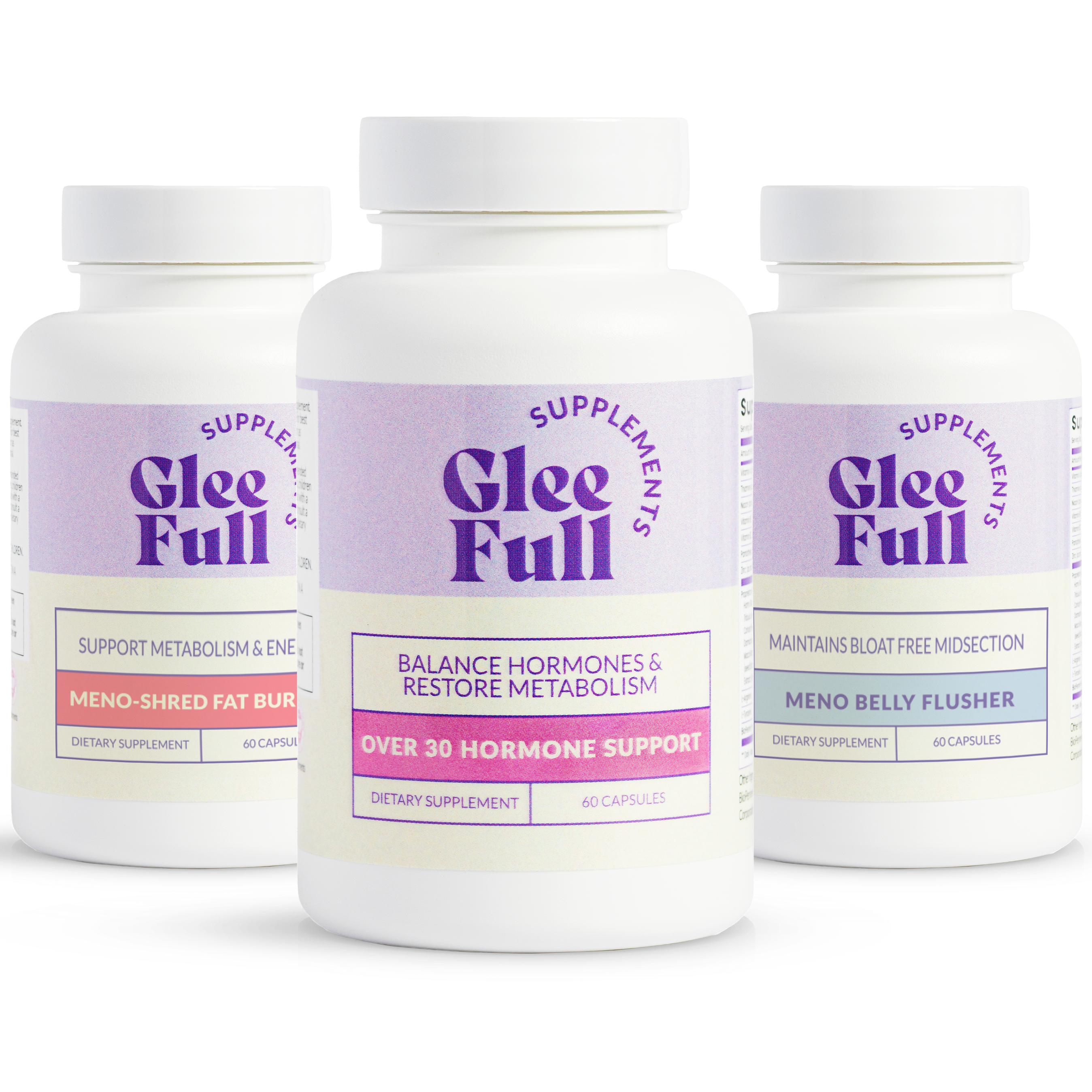 A bundle of three Glee Full supplement bottles: Meno-Shred Fat Burner, Over 30 Hormone Support, and Meno Belly Flusher.