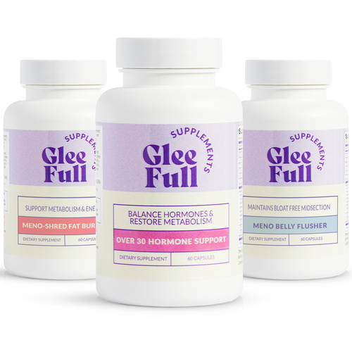 A bundle of three Glee Full supplement bottles: Meno-Shred Fat Burner, Over 30 Hormone Support, and Meno Belly Flusher.