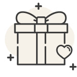 A minimalist line icon of a gift box with a bow and ribbon, plus a small heart outline, on a light gray background with small plus signs in the corners.