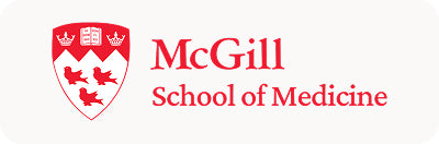 McGill School of Medicine logo in red on a white background, featuring a shield crest with three red crosses at the top and three birds in the center.