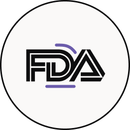A circular white graphic featuring the stylized FDA logo in black with a small purple accent line, centered inside a thin black circle.