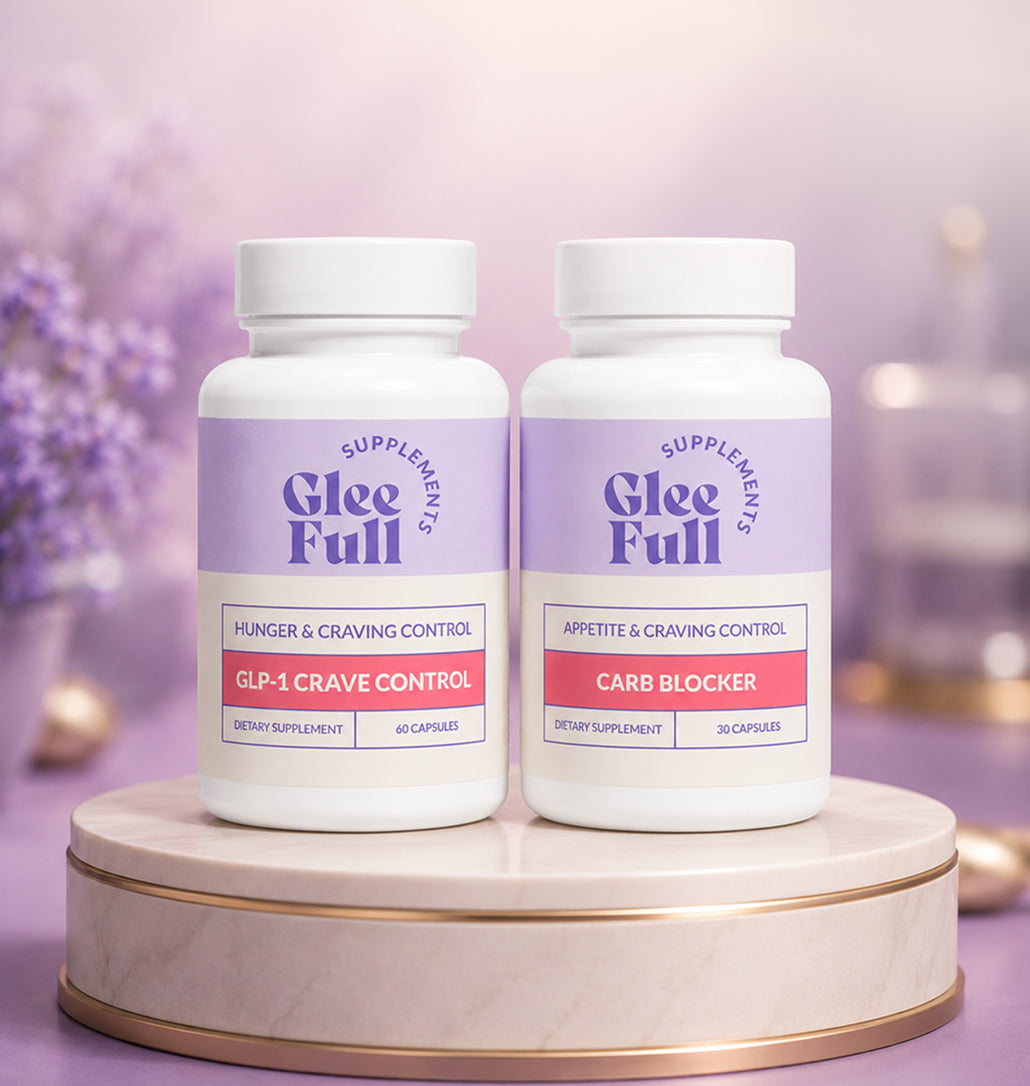 A product duo shot of GleeFull GLP-1 Crave Control and Carb Blocker supplement bottles displayed together on a marble pedestal against a soft purple backdrop.