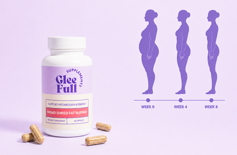 Gleefull Meno-Shred Fat Burner bottle with 8-week body transformation illustration