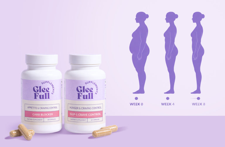 A product display for GleeFull Supplements featuring two white bottles: 'Carb Blocker' (Appetite & Craving Control, 30 capsules) on the left and 'GLP-1 Crave Control' (Hunger & Craving Control, 60 capsules) on the right, with loose herbal capsules scattered in front. In the upper right background, a purple infographic silhouette shows a woman's body transformation progress from Week 0 with a pronounced midsection, to a flatter stomach at Week 4, and a fully toned silhouette by Week 8.