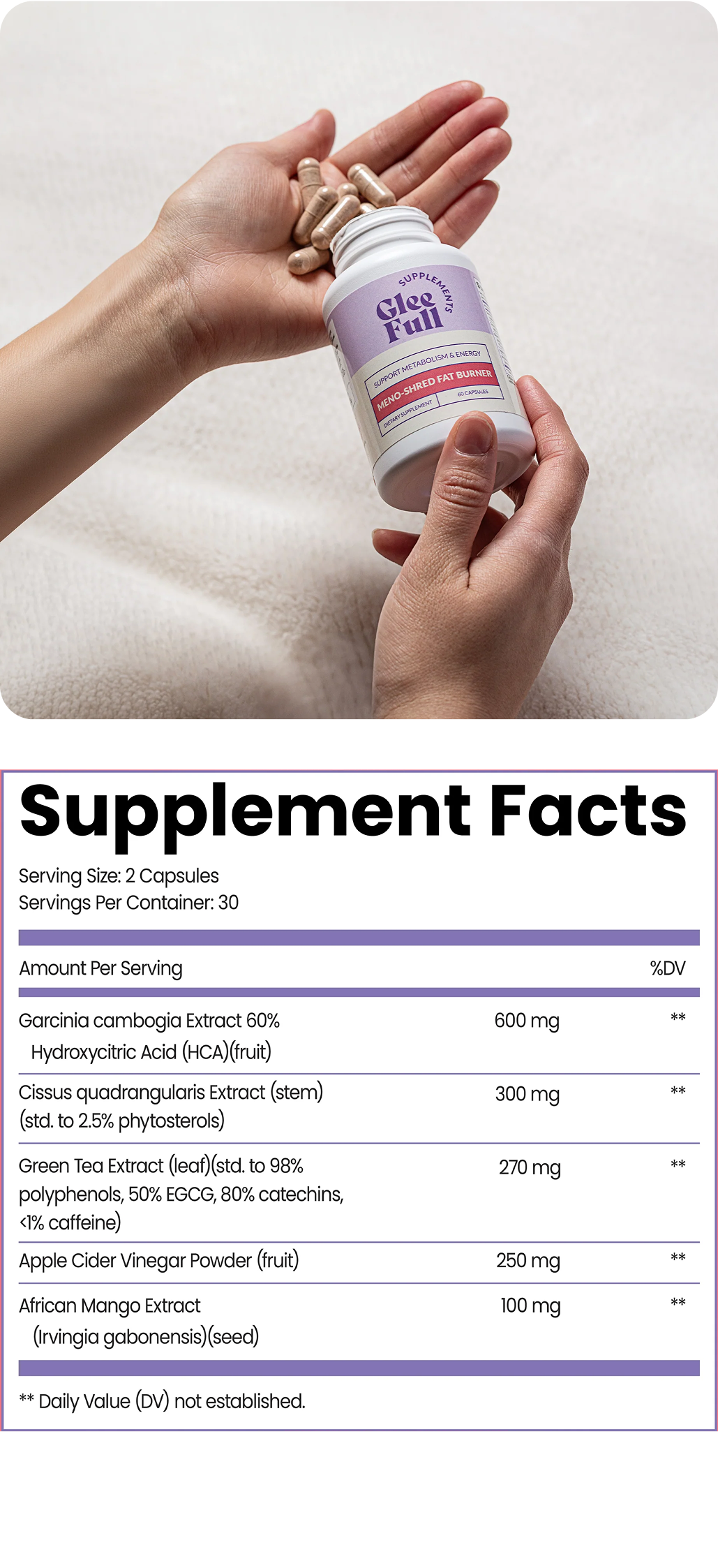 Meno-Shred Fat Burner Supplement Facts panel listing ingredients and dosages