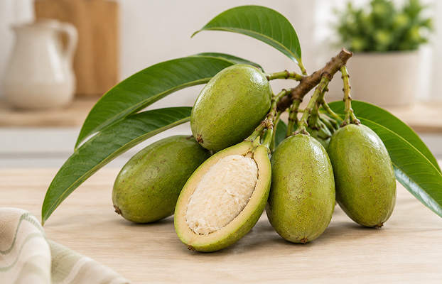 Whole African Mango fruits with green leaves on a wooden surface