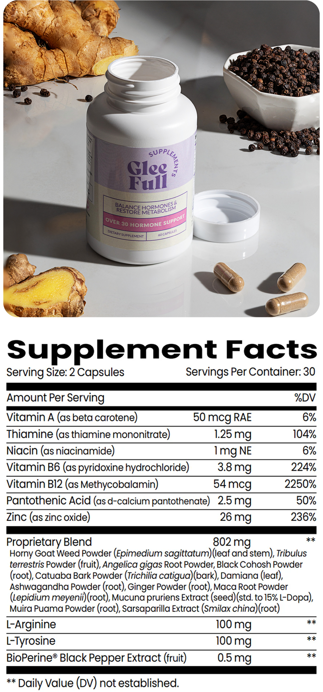 A composite product image featuring a bottle of "Glee Full Supplements" on a marble surface on the top, labeled "Balance Hormones & Restore Metabolism" and "Over 30 Hormone Support." On the bottom, a detailed "Supplement Facts" label outlines a 2-capsule serving size, essential vitamins and minerals (including B6, B12, and Zinc), an 802 mg herbal Proprietary Blend (with Horny Goat Weed and Ashwagandha), and amino acids.