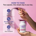 Bottle of Glue Full supplements with instructions on how to take them, 2 capsules a day, morning with breakfast or at night, and highlighting the importance of consistency against a pink background