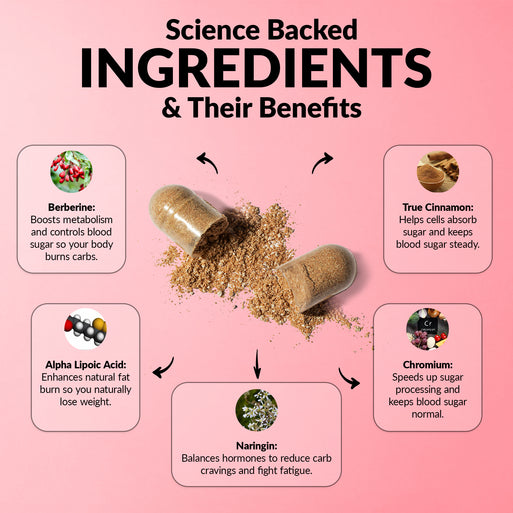 'Science Backed Ingredients & Their Benefits' infographic with an open capsule spilling powder. Five ingredients: Berberine (metabolism and blood sugar), Alpha Lipoic Acid (natural fat burn), Naringin (carb cravings and fatigue), True Cinnamon (steady blood sugar), and Chromium (sugar processing).