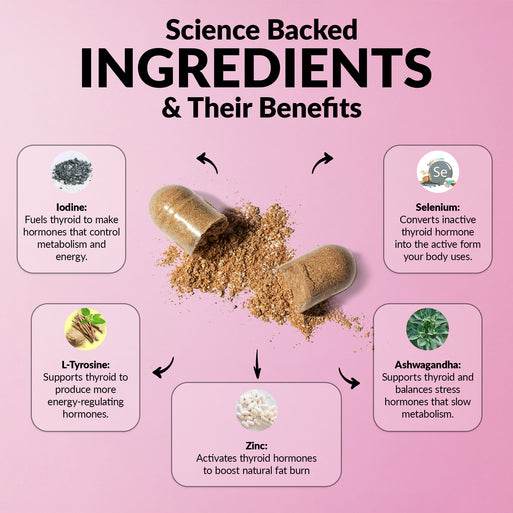 'Science Backed Ingredients & Their Benefits' infographic on pink with an open capsule spilling powder. Five ingredients: Iodine (fuels thyroid hormones for metabolism and energy), L-Tyrosine (supports energy-regulating hormone production), Zinc (activates thyroid hormones to boost fat burn), Selenium (converts inactive thyroid hormone into active form), and Ashwagandha (supports thyroid and balances stress hormones).