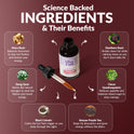 'Science Backed Ingredients & Their Benefits' infographic on burgundy with both bottles. Six ingredients across the bundle: Maca Root (balances hormones, stops hot flashes), Dong Quai (natural estrogen for hot flashes and mood), Black Cohosh (calms hot flash trigger for sleep), Eleuthero Root (breaks down fat and calms stress), Cissus Quadrangularis (reduces appetite and balances blood sugar), and Kenyan Purple Tea (stops fat absorption and gives jitter-free energy).
