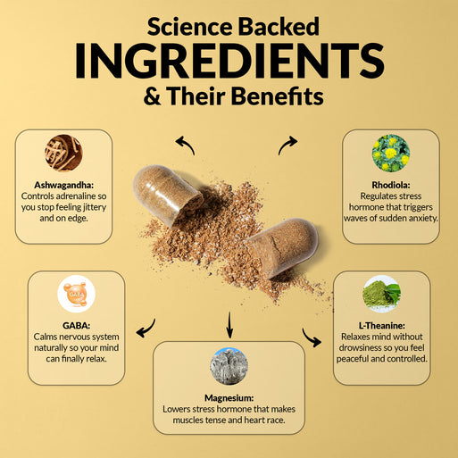 'Science Backed Ingredients & Their Benefits' infographic on yellow with an open capsule spilling powder. Five ingredients: Ashwagandha (controls adrenaline so you stop feeling jittery), GABA (calms nervous system so mind can relax), Magnesium (lowers stress hormone that tenses muscles and races heart), Rhodiola (regulates stress hormone that triggers anxiety waves), and L-Theanine (relaxes mind without drowsiness).