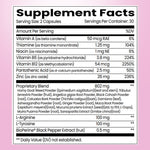 Supplement Facts label. Serving Size: 2 Capsules, 30 servings per container. Contains Vitamin A (6% DV), Thiamine (104% DV), Niacin (6% DV), Vitamin B6 (224% DV), Vitamin B12 (2250% DV), Pantothenic Acid (50% DV), and Zinc (236% DV). Also includes an 802 mg Proprietary Blend of herbal powders including Horny Goat Weed, Tribulus terrestris, Black Cohosh, Ashwagandha, and Maca Root, plus 100 mg L-Arginine, 100 mg L-Tyrosine, and 0.5 mg BioPerine.