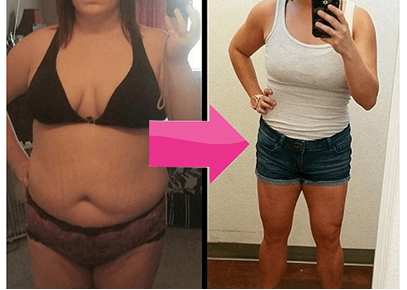 Before and after photos of Tracy showing weight loss after using Meno-Shred