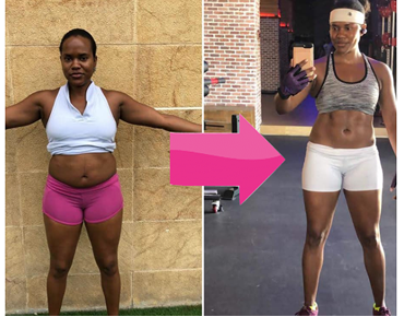 Before and after photos of Sharon showing reduced belly and slimmer figure after using Meno-Shred