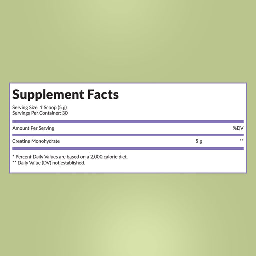Supplement Facts for Meno Creatine. Serving size 1 scoop (5 g), 30 per container. Contains Creatine Monohydrate (5 g). Daily Value not established.