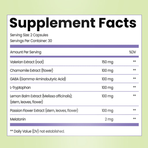 Supplement Facts for Menobelly Night Burn. Serving size 2 capsules, 30 per container. Contains Valerian Extract (150 mg), Chamomile Extract (100 mg), GABA (100 mg), L-Tryptophan (100 mg), Lemon Balm Extract (100 mg), Passion Flower Extract (100 mg), and Melatonin (2 mg).