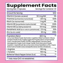 Supplement Facts label. Serving Size: 2 Capsules, 30 servings per container. Contains Vitamin A (6% DV), Thiamine (104% DV), Niacin (6% DV), Vitamin B6 (224% DV), Vitamin B12 (2250% DV), Pantothenic Acid (50% DV), and Zinc (236% DV). Also includes an 802 mg Proprietary Blend of herbal powders including Horny Goat Weed, Tribulus terrestris, Black Cohosh, Ashwagandha, and Maca Root, plus 100 mg L-Arginine, 100 mg L-Tyrosine, and 0.5 mg BioPerine.