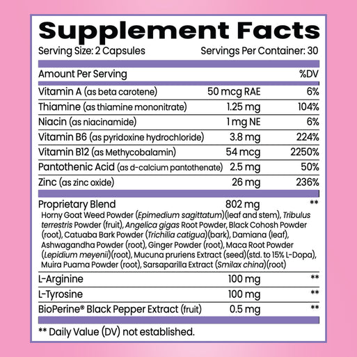 Supplement Facts label. Serving Size: 2 Capsules, 30 servings per container. Contains Vitamin A (6% DV), Thiamine (104% DV), Niacin (6% DV), Vitamin B6 (224% DV), Vitamin B12 (2250% DV), Pantothenic Acid (50% DV), and Zinc (236% DV). Also includes an 802 mg Proprietary Blend of herbal powders including Horny Goat Weed, Tribulus terrestris, Black Cohosh, Ashwagandha, and Maca Root, plus 100 mg L-Arginine, 100 mg L-Tyrosine, and 0.5 mg BioPerine.