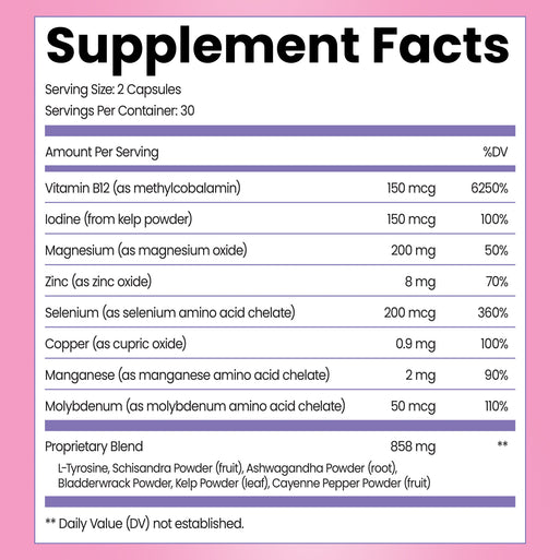 Supplement Facts for Thyroid Balance. Serving size 2 capsules, 30 per container. Contains Vitamin B12 (150 mcg, 6250% DV), Iodine from kelp (150 mcg, 100% DV), Magnesium (200 mg), Zinc (8 mg), Selenium (200 mcg, 360% DV), Copper (0.9 mg), Manganese (2 mg), Molybdenum (50 mcg), and an 858 mg Proprietary Blend (L-Tyrosine, Schisandra, Ashwagandha, Bladderwrack, Kelp, Cayenne Pepper).