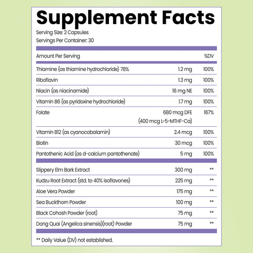 Supplement Facts for V-Rejuvenation. Serving size 2 capsules, 30 per container. Contains Thiamine (1.2 mg, 100% DV), Riboflavin (1.3 mg, 100% DV), Niacin (16 mg, 100% DV), Vitamin B6 (1.7 mg, 100% DV), Folate (680 mcg, 167% DV), Vitamin B12 (2.4 mcg), Biotin (30 mcg), Pantothenic Acid (5 mg), Slippery Elm Bark Extract (300 mg), Kudzu Root Extract (225 mg), Aloe Vera Powder (175 mg), Sea Buckthorn Powder (100 mg), Black Cohosh Powder (75 mg), and Dong Quai Powder (75 mg).