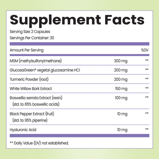 Supplement Facts for Meno Joint Relief. Serving size 2 capsules, 30 per container. Contains MSM (300 mg), GlucosaGreen vegetal glucosamine HCl (200 mg), Turmeric Powder (200 mg), White Willow Bark Extract (150 mg), Boswellia serrata Extract (100 mg), Black Pepper Extract (10 mg), and Hyaluronic Acid (10 mg).