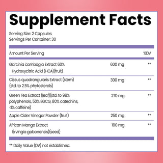 Supplement Facts label for Meno-Shred Fat Burner. Serving Size: 2 Capsules, 30 servings per container. Contains Garcinia cambogia Extract 60% Hydroxycitric Acid HCA (600 mg), Cissus quadrangularis Extract (300 mg), Green Tea Extract (270 mg), Apple Cider Vinegar Powder (250 mg), and African Mango Extract (100 mg). Daily Value not established for these ingredients.