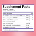 Supplement Facts for GLP-1 Crave Control. Serving size 2 capsules, 30 per container. Contains Organic Hibiscus Flower Extract (350 mg), Cissus quadrangularis CQR-300 (300 mg), Hibiscus sabdariffa Flower Extract (150 mg), Green Tea Extract (100 mg), Grape Seed Extract (50 mg), and Pomegranate Extract (50 mg).