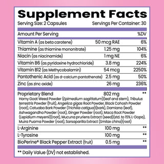 Supplement Facts label. Serving Size: 2 Capsules, 30 servings per container. Contains Vitamin A (6% DV), Thiamine (104% DV), Niacin (6% DV), Vitamin B6 (224% DV), Vitamin B12 (2250% DV), Pantothenic Acid (50% DV), and Zinc (236% DV). Also includes an 802 mg Proprietary Blend of herbal powders including Horny Goat Weed, Tribulus terrestris, Black Cohosh, Ashwagandha, and Maca Root, plus 100 mg L-Arginine, 100 mg L-Tyrosine, and 0.5 mg BioPerine.