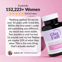 GleeFull review banner: 'Trusted By 152,223+ Women, 4.8/5.0 stars'. Quote from Linda K., 54: nothing worked for 10 years until this, mood stabilized in week one, down 16 pounds in two months with hot flashes nearly gone. Dark amber bottle shown at right.