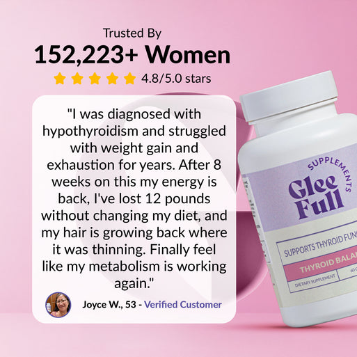 GleeFull review banner on pink: 'Trusted By 152,223+ Women, 4.8/5.0 stars'. Quote from Joyce W., 53: diagnosed with hypothyroidism and struggled with weight gain and exhaustion for years, after eight weeks energy is back, down 12 pounds without changing diet and hair is growing back where it was thinning. White bottle shown at right.