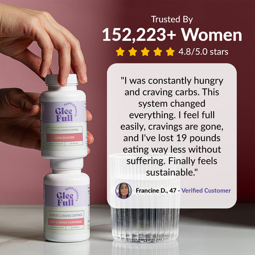 GleeFull review banner on dark red: 'Trusted By 152,223+ Women, 4.8/5.0 stars'. Quote from Francine D., 47: was constantly hungry and craving carbs, this system changed everything, feels full easily, cravings are gone, down 19 pounds eating less without suffering. Carb Blocker and GLP-1 Crave Control bottles shown at left.